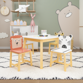 5 Piece Kiddy Table and Chair Set , Kids Wood Table with 4 Chairs Set Cartoon Animals (bigger table) (3-8 years old)