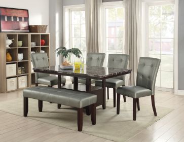 Dining Room Furniture 6pc Counter Height Dining Set Dining Table w Storage 4x High Chairs 1x Bench Silver Faux Leather Tufted Seats Faux Marble Table