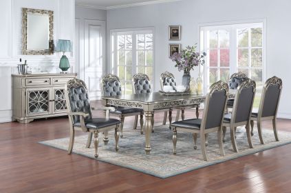 Traditional Silver / Grey Finish 9pc Dining Set Table w 2x Arm Chairs 6x Side Chairs Rubber wood Intricate Design Tufted back Cushion Seat Dining Room