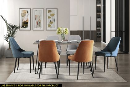 Modern Sleek Design 7pc Dining Set Table and 6x Side Chairs Blue Orange Gray Velvet Upholstered Metal Frame Stylish Dining Furniture