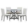 TREXM 5-Piece Farmhouse Style Dining Table Set, Marble Sticker and Cross Bracket Pedestal Dining Table, and 4 Upholstered Chairs (White+Gray)