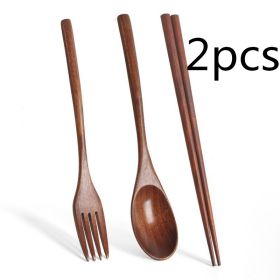 Long Handle Couple Spoon Chopsticks Portable Tableware (Option: Brown-2PCS)