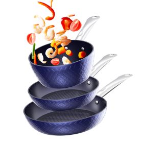 Frying Pan Sets Non Stick 3Pieces Blue 3D Diamond Cookware (Option: Default)