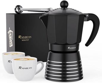 Stovetop Espresso Maker 6 Cup 300ml, Aluminum Moka Pot Gift Set, Italian Cuban Greca Coffee, Easy To Use & Clean - Set Including 2 Cups, Spoon, Black, (Color: Black)