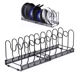 Expandable Pans Organiser Rack,Pot And Pan Lid Holder With 10 Adjustable Dividers,Bakeware Saucepan Lid Storage For Kitchen Cupboard, Black (Color: Black)