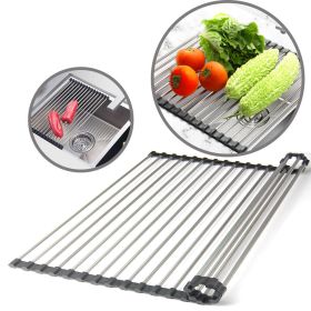 Kitchen Stainless Steel Sink Drain Rack Roll Up Dish Drying Drainer Mat (Color: Black)